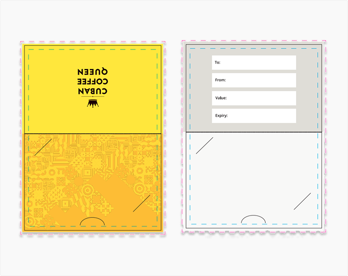 Cuban Coffee Queen card carrier design — front and inside panel