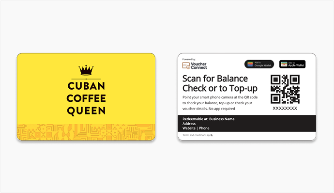 Cuban Coffee Queen gift card design — front and back