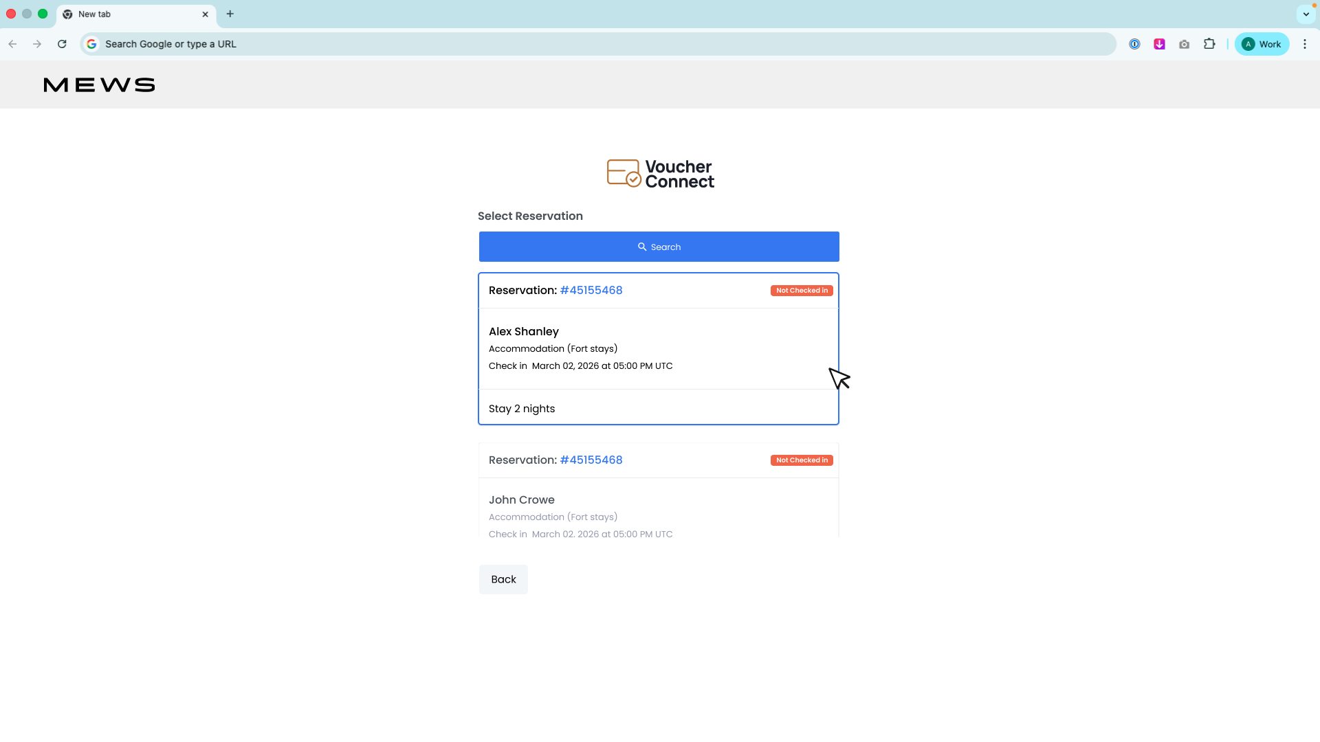 Select reservation screen